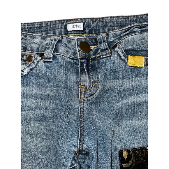 Caché Y2K Patchwork Bootcut Jeans Distressed Tapestry Pocket Denim Size 6 - Picture 13 of 14